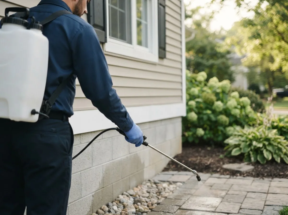 Pest control technician inspecting a home in Countyline, OK